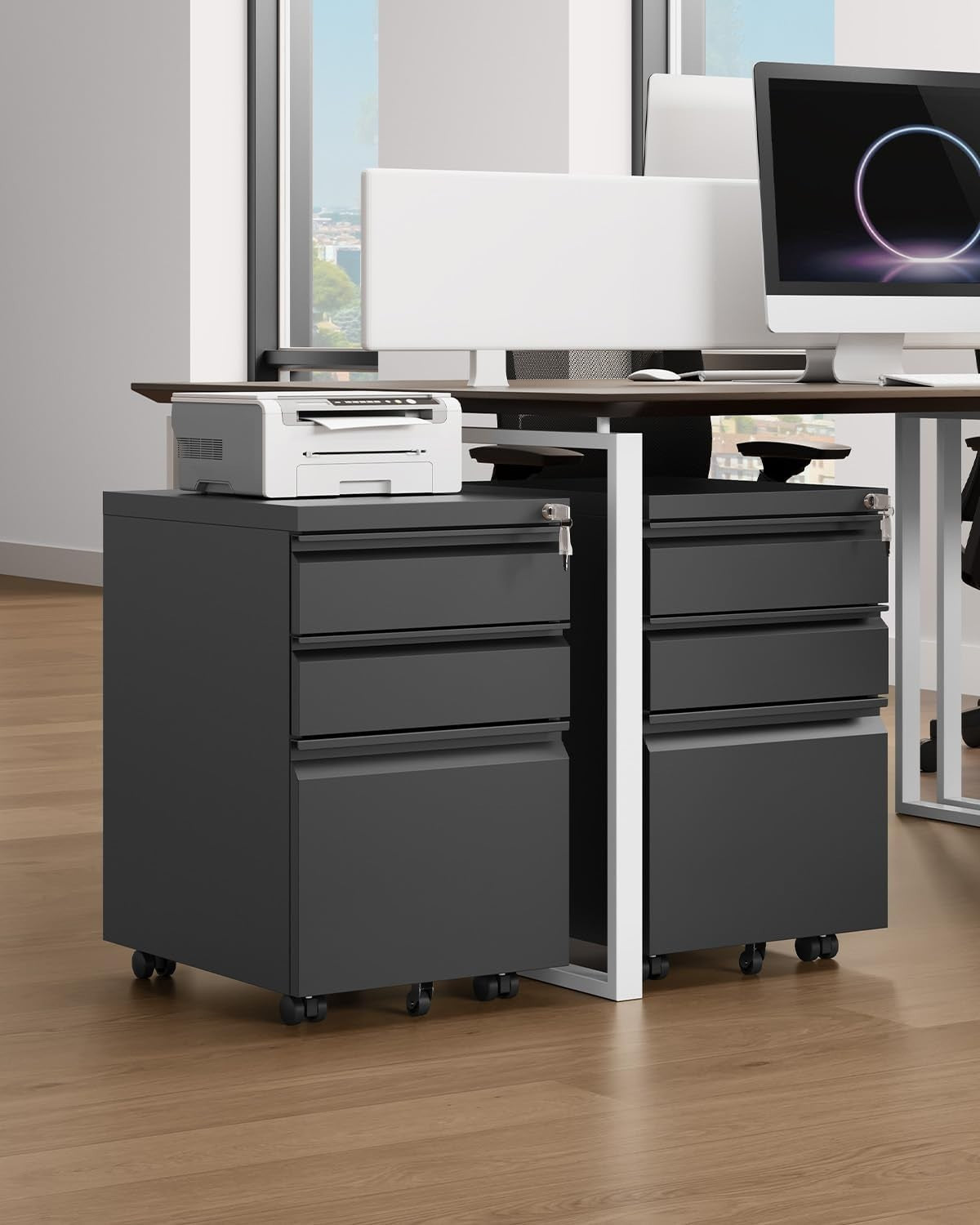 Black Mobile File Cabinet 46x39x62cm Lockable 3 Drawer Steel