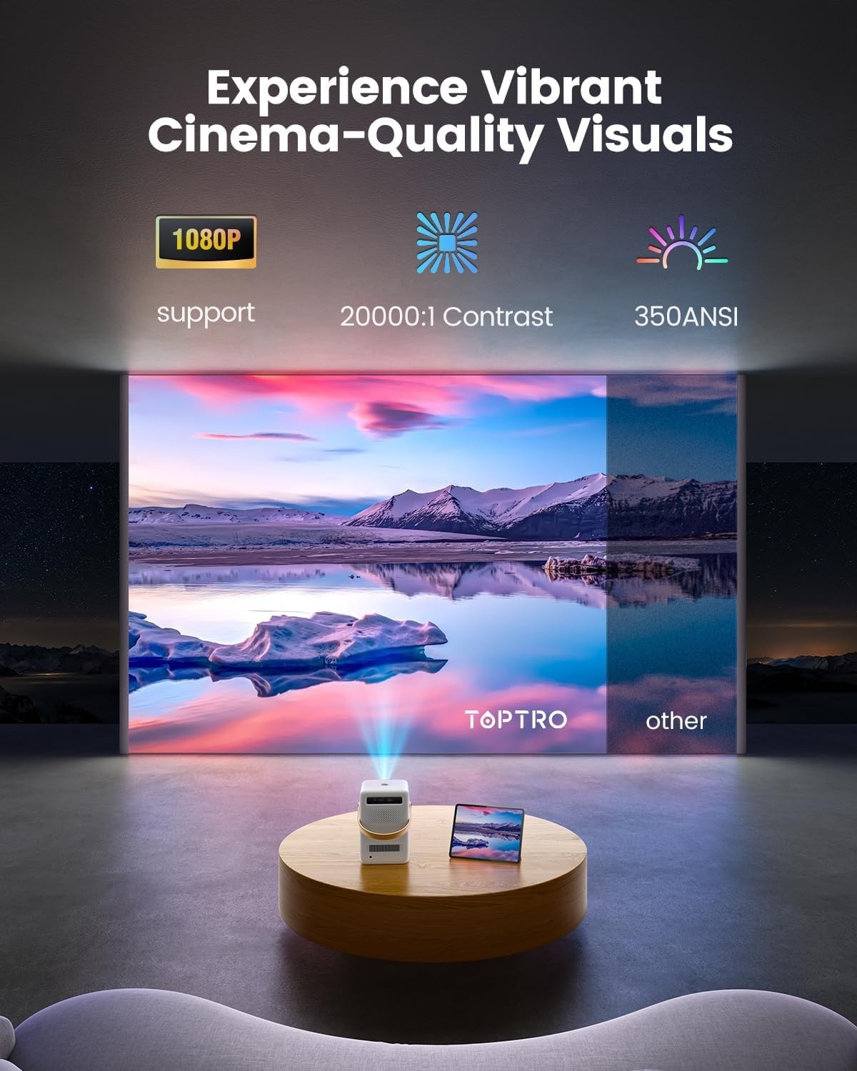 Battery Powered Smart Projector 1080P WiFi Bluetooth Apps Portable