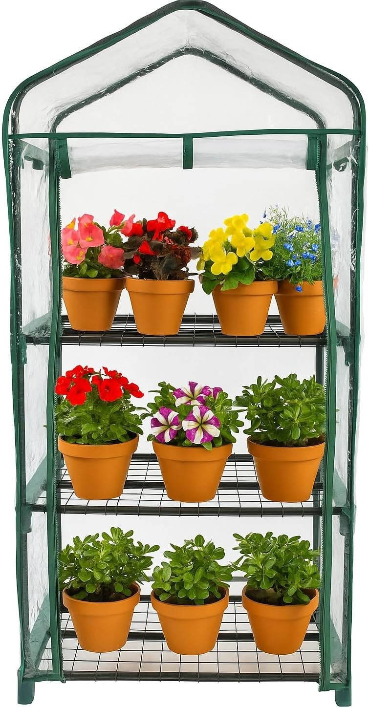 3 Tier Mini Greenhouse with Clear PVC Cover | Indoor Outdoor Plant Stand
