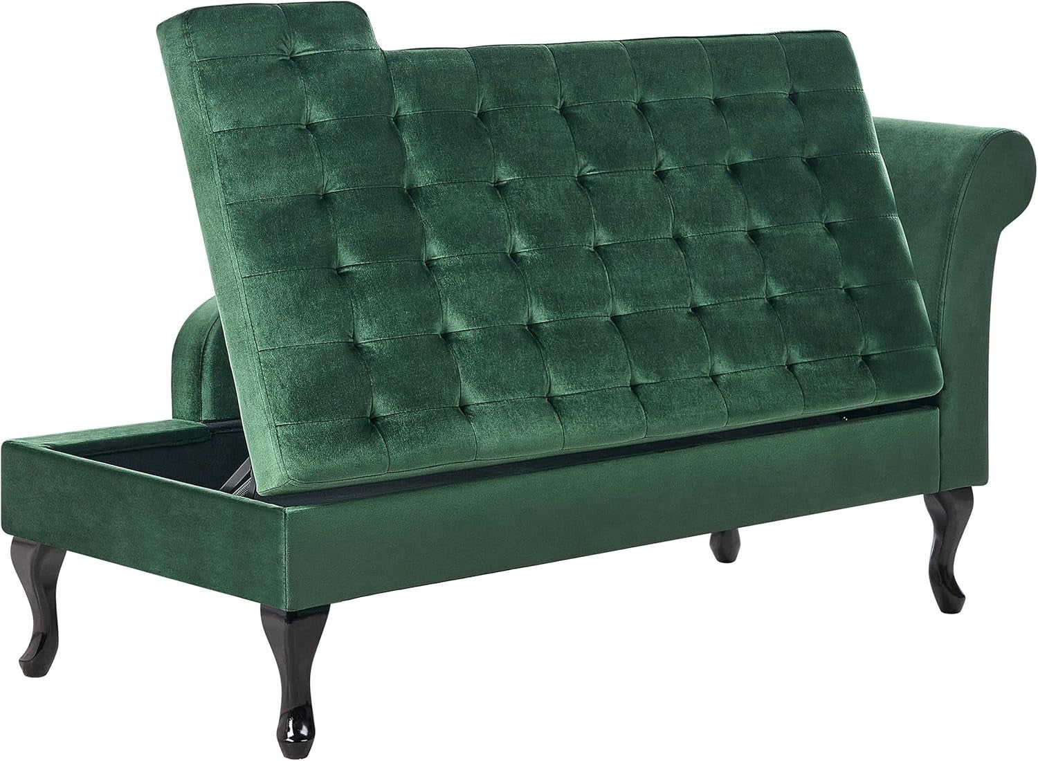 Velvet Right Hand Chaise Lounge with Storage & Cushion, Wooden Legs, Dark Green