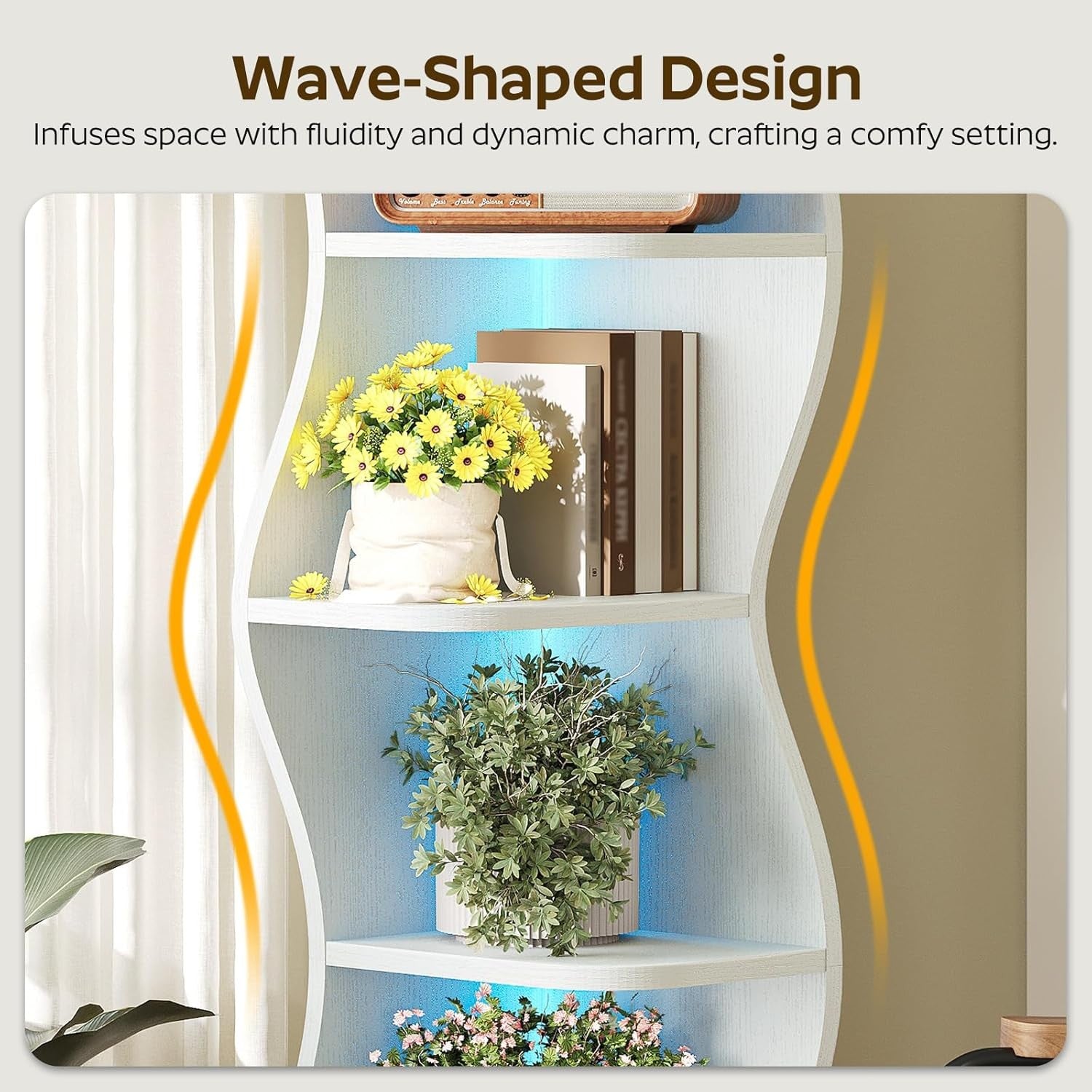 Corner LED Bookshelf White Zigzag 6-Tier Narrow Display Shelving Unit