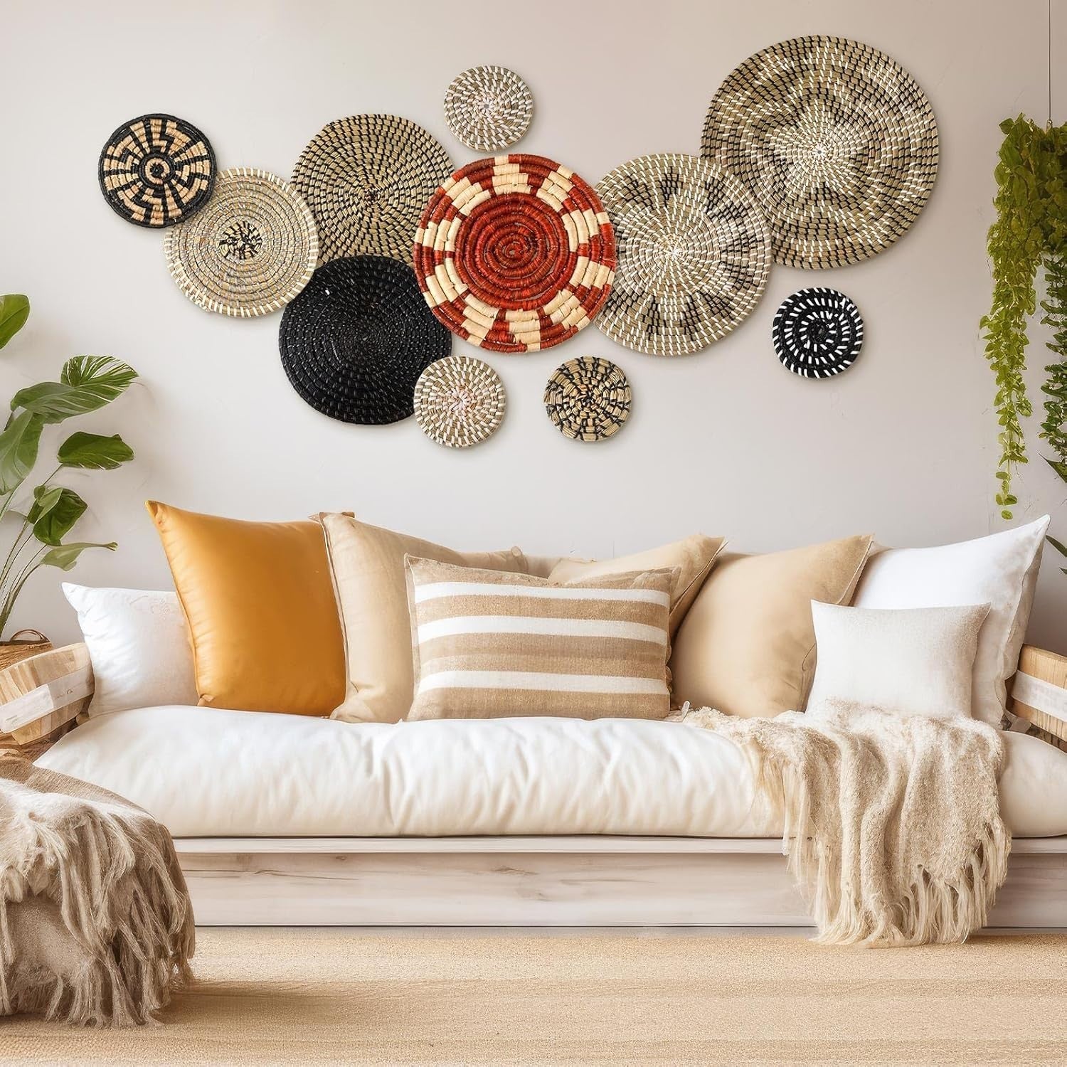 11PCS Boho Woven Wall Baskets Bulrush Farmhouse Decor Clr Dark