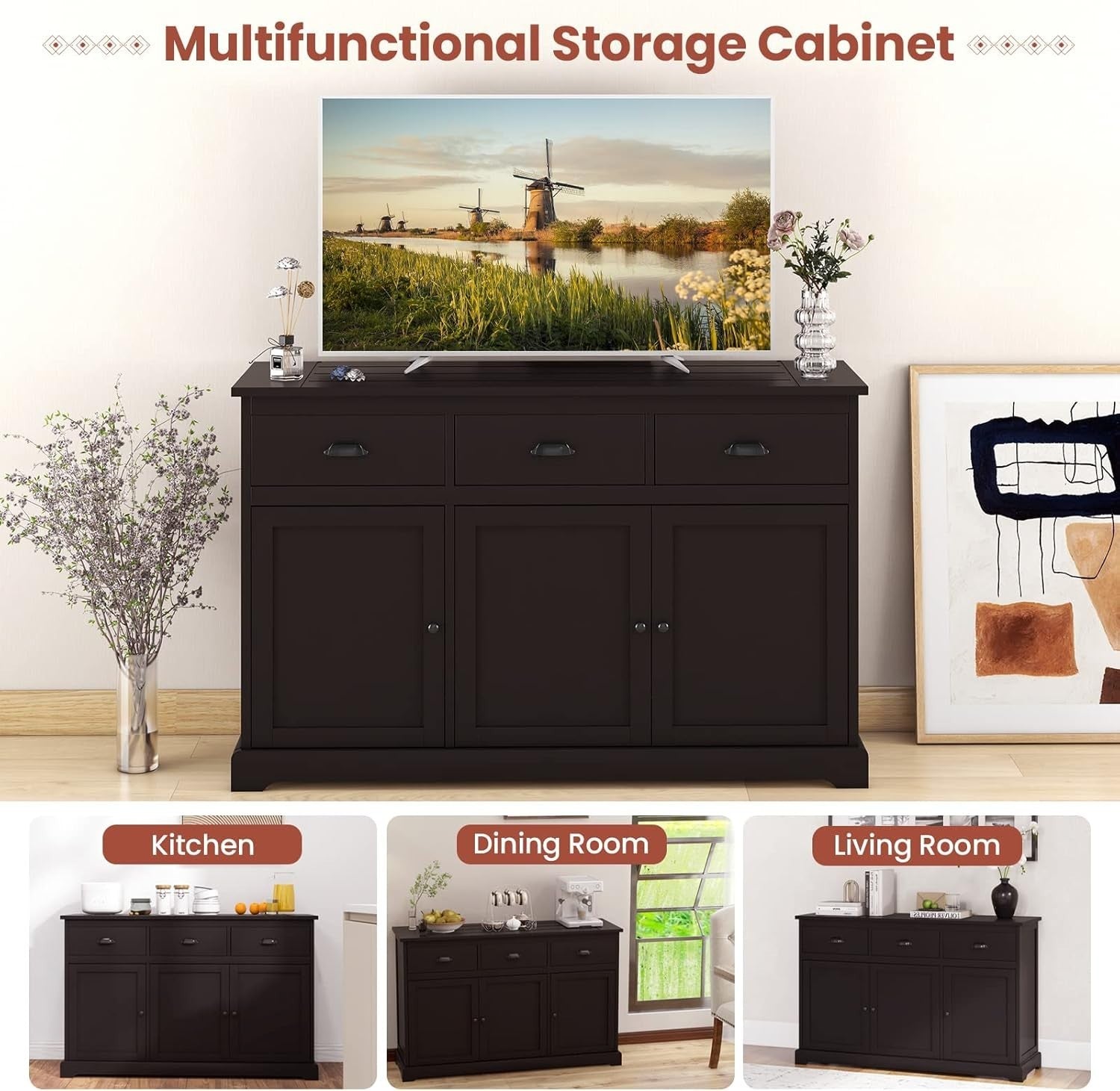 Dark Brown Sideboard Storage Cabinet with Drawers & Adjustable Shelf