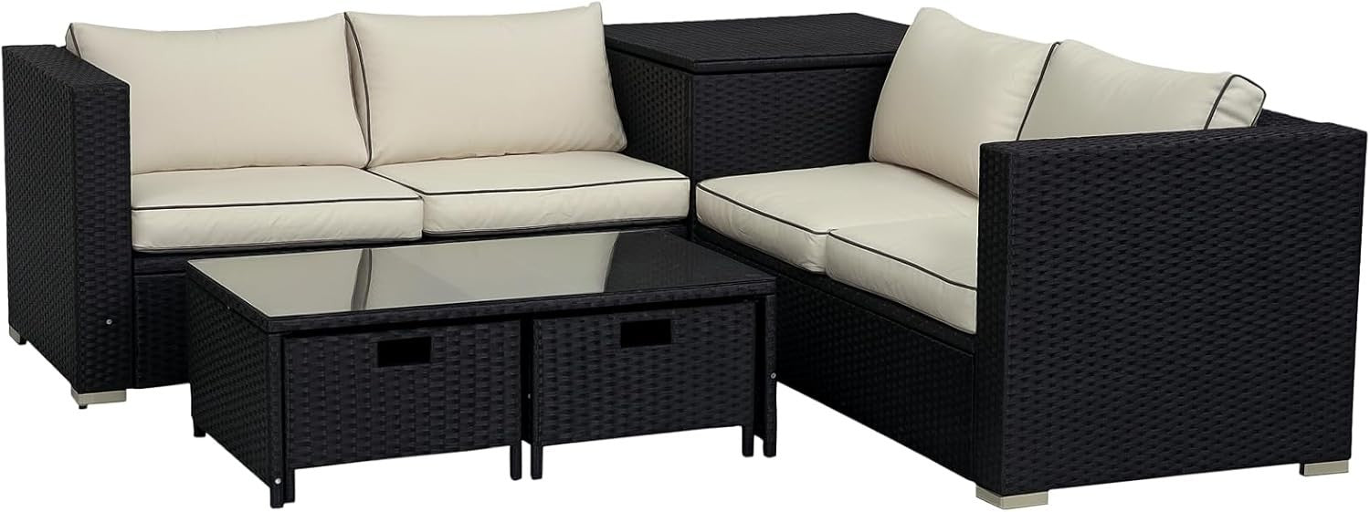 4PC Black Rattan Garden Sofa Set with Storage Drawers Cushions Glass Table