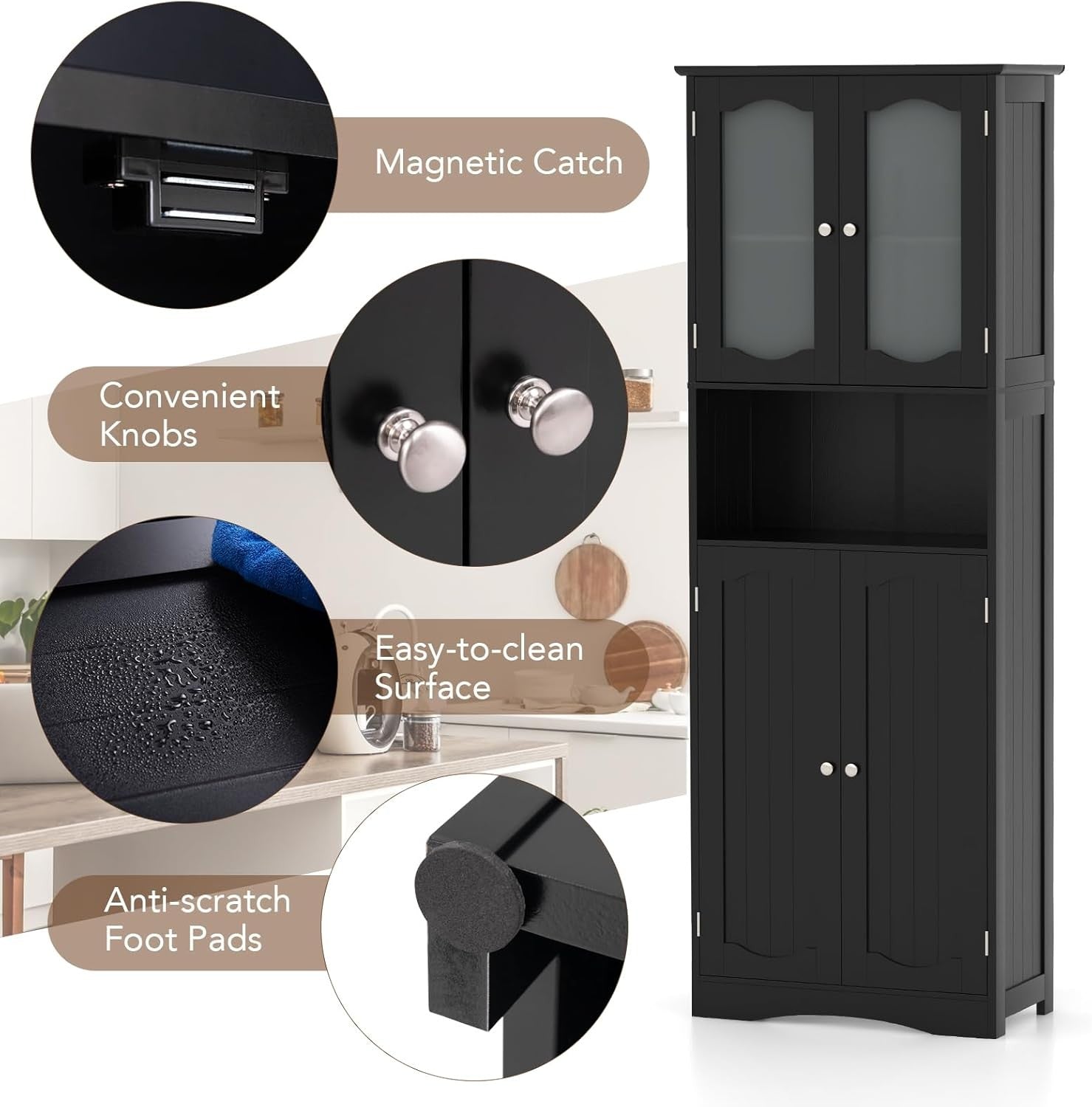 Black Wooden Tall Bathroom Cabinet with Glass Doors Adjustable Shelves
