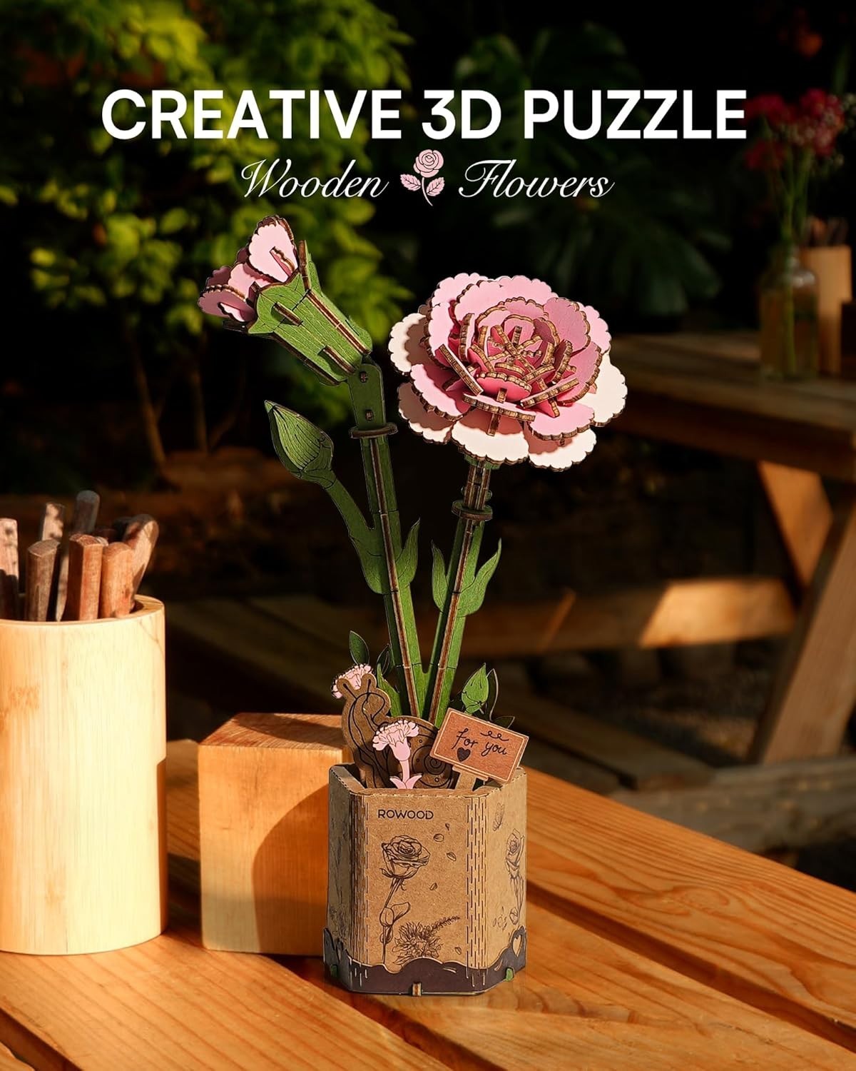DIY 3D Wooden Pink Carnation Flower Puzzle Kit – Creative Gift & Decor
