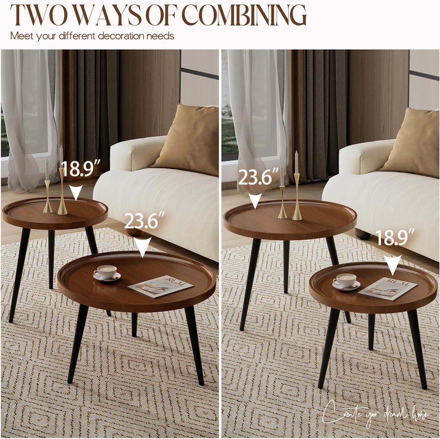 Walnut Nesting Coffee Table Set of 2 Modern Round Side End Tables 178lbs Load