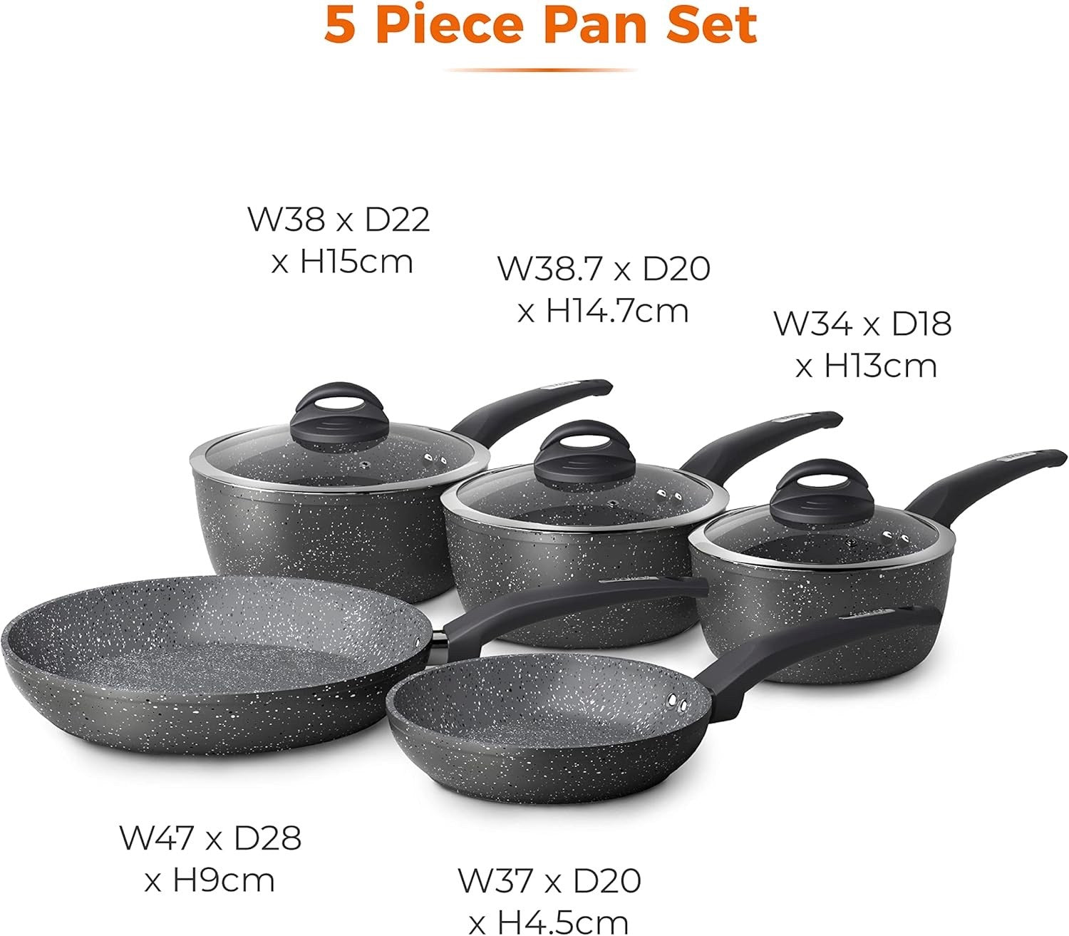 5pc Graphite Non Stick Cookware Set 18/20/22cm Saucepans 20/28cm Frying Pan