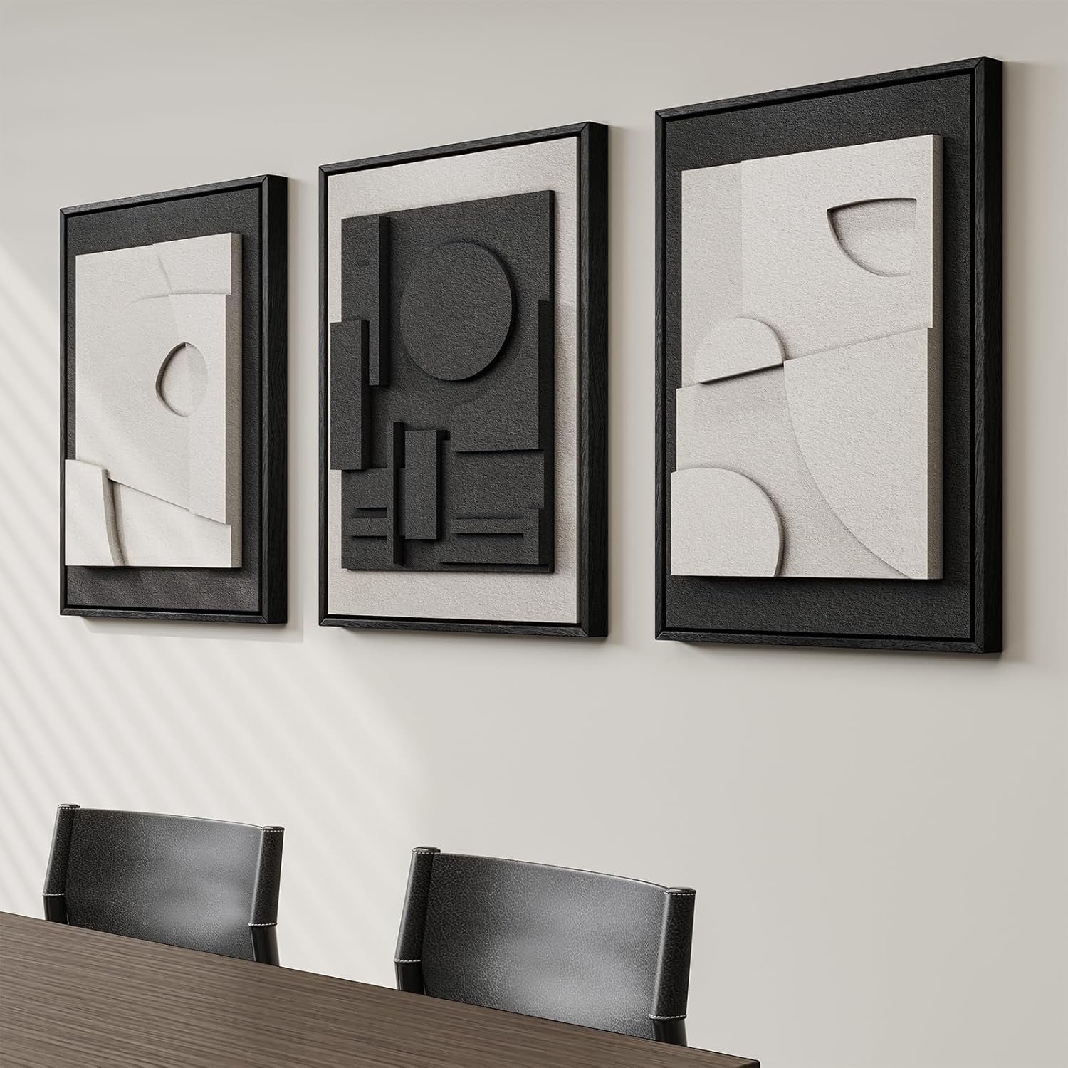 3D Textured Black White Abstract Wall Art Set 3 Framed 16x24