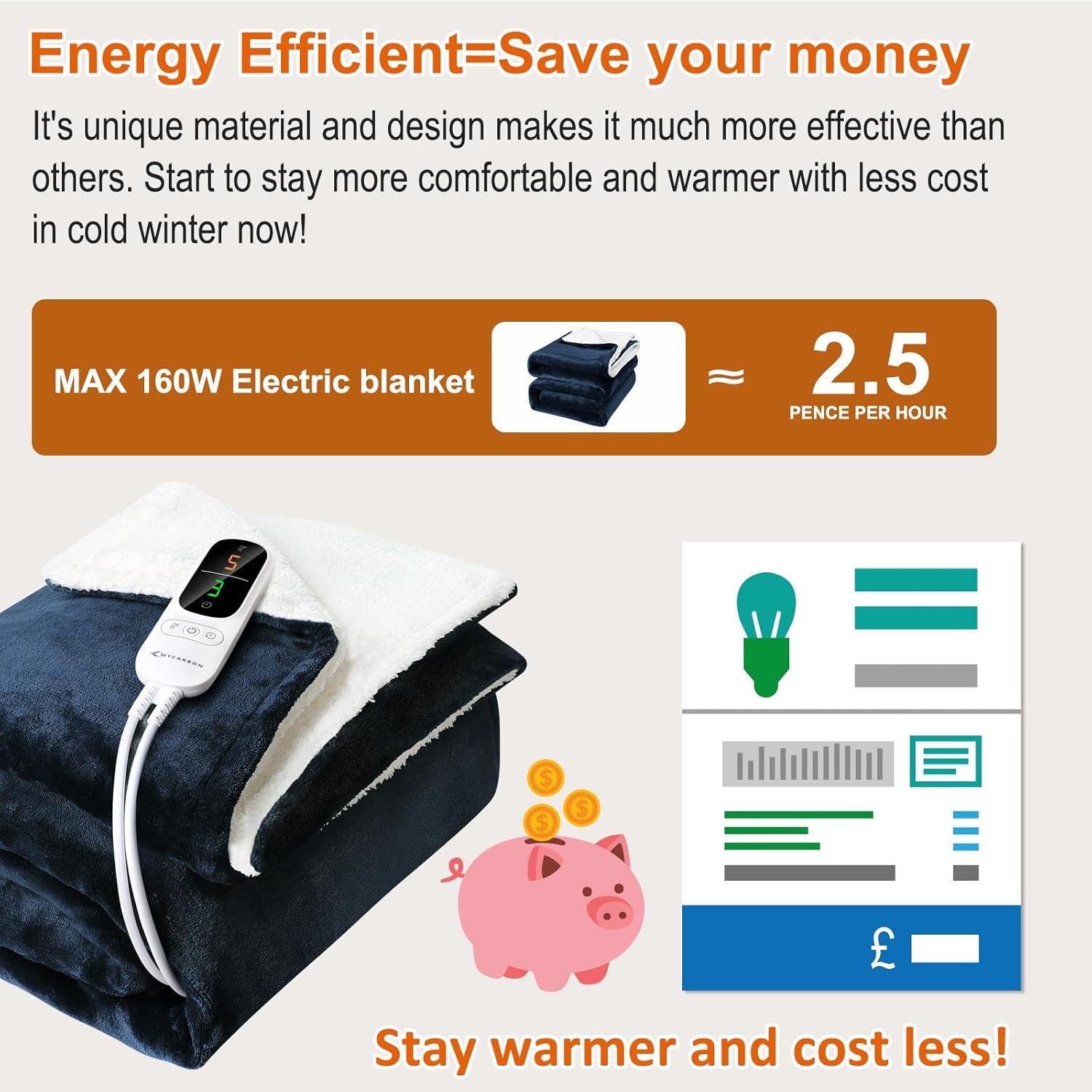 Electric Heated Throw Blanket 160x180cm Sherpa Fleece 6 Heat 9h Timer