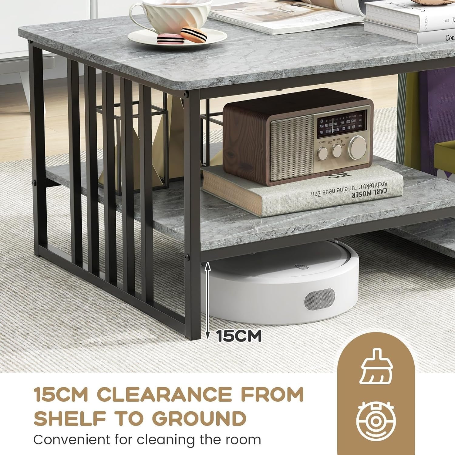 Modern Faux Marble Coffee Table 2-Tier Storage Shelf Rectangular Living Room