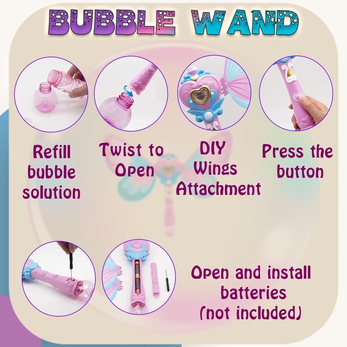 Kids Magic Bubble Wand Butterfly Fairy Light Up Musical Blower Pink