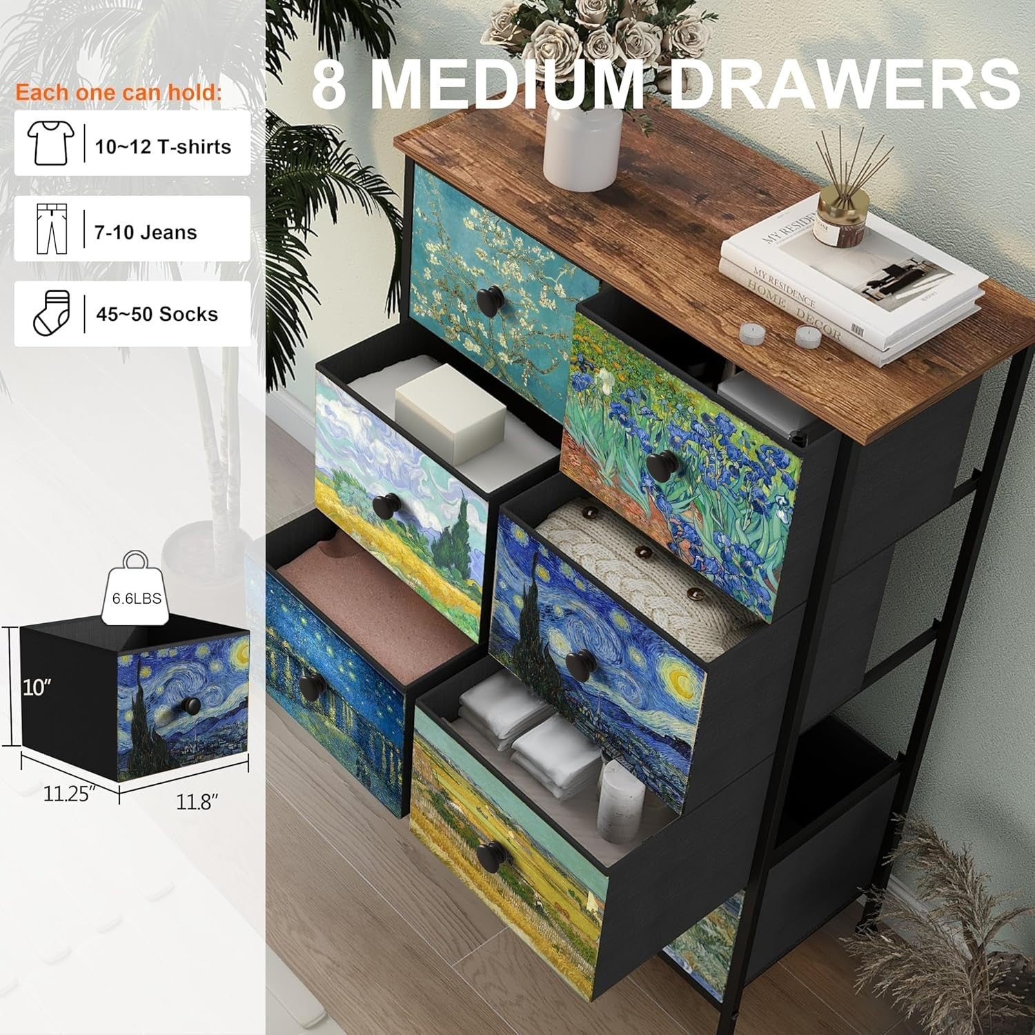 Van Gogh Style 8 Drawer Chest Dresser Fabric Storage Unit Bedroom