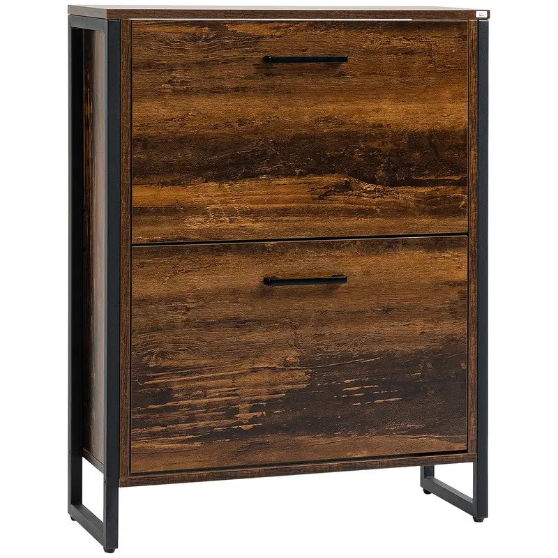 Industrial Shoe Cabinet with 2 Flip Drawers | Slim Rustic Storage Unit