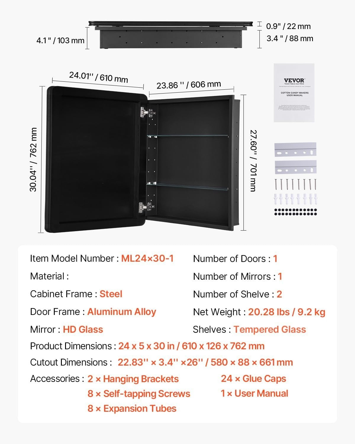Bathroom Mirror Cabinet 61x76cm Wall Mounted 2-Layer Adjustable Shelves