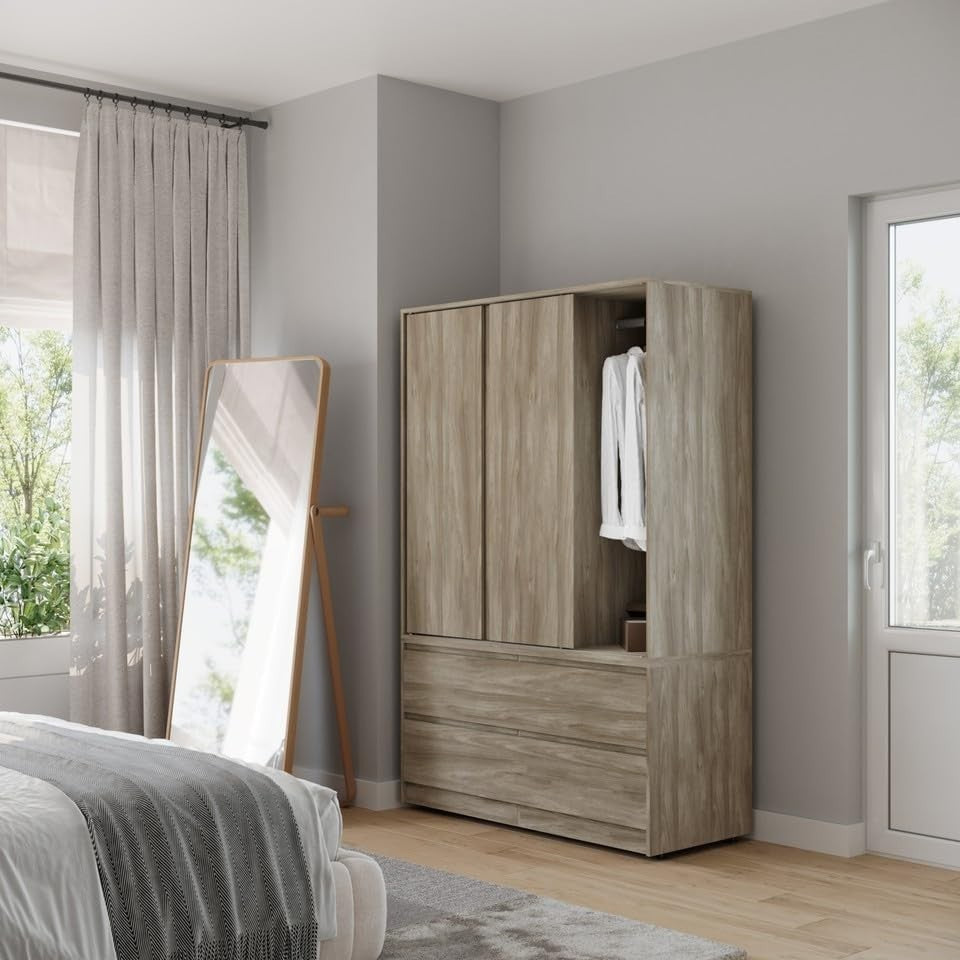 Oak Sliding Door Wardrobe with 4 Drawers & Hanging Rail – Space Saving