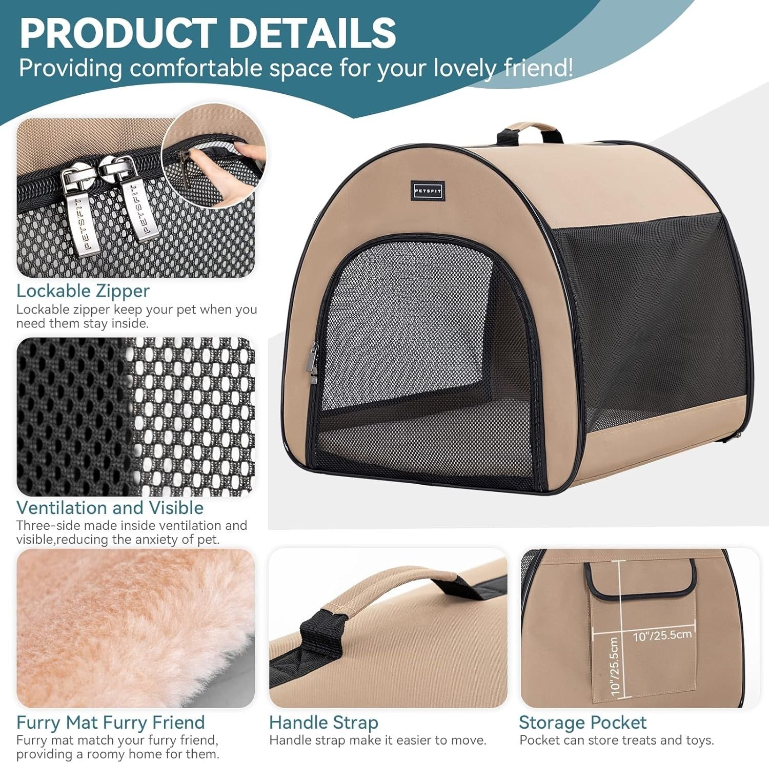 Soft Dog Crate 67x50x50cm Portable Travel Carrier Cat Kennel with Mat Khaki