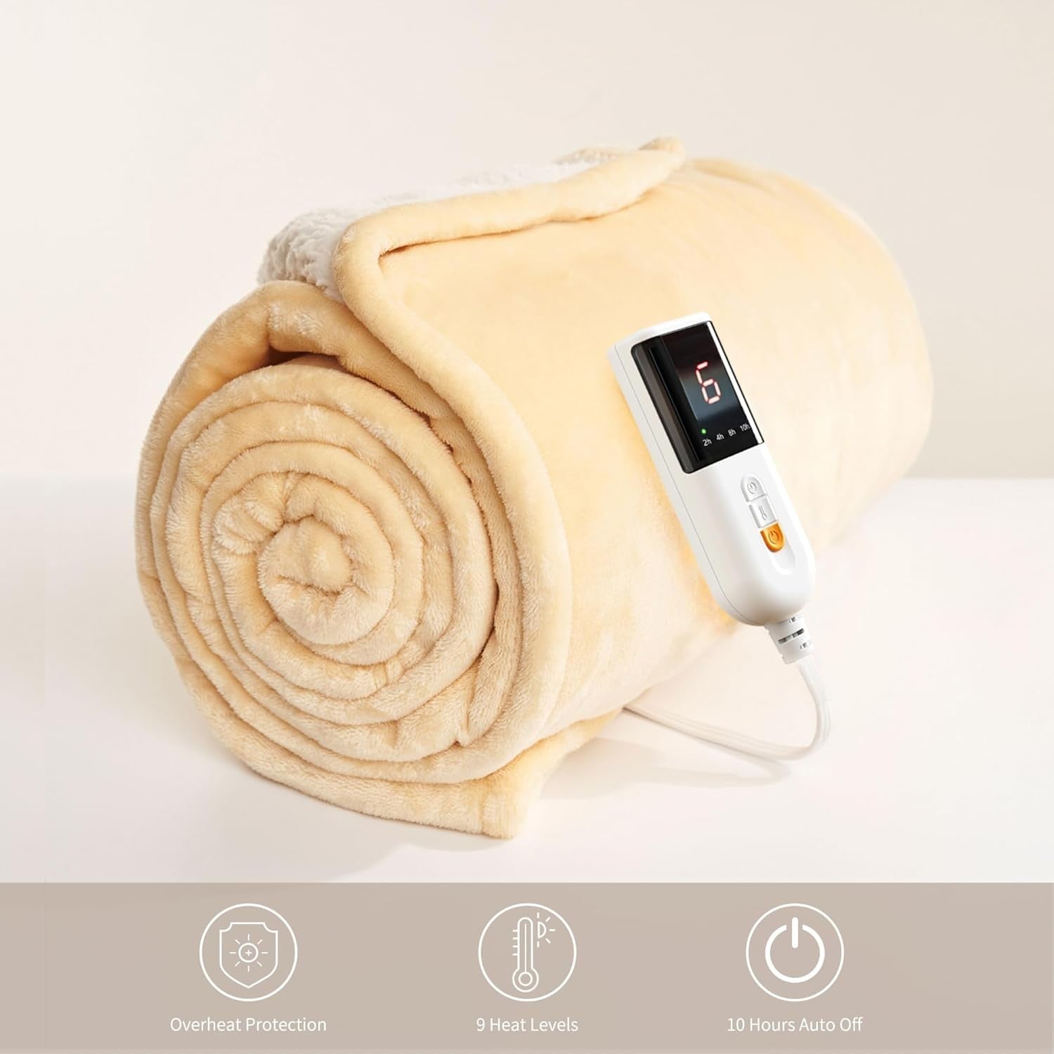 Electric Heated Throw Blanket 130x180cm Plush 9 Heat Settings Auto Shut