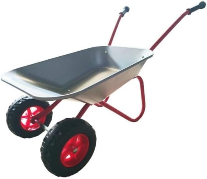Kids Twin-Wheel Wheelbarrow – Silver/Red – Metal Garden Toy Durable Play Tool