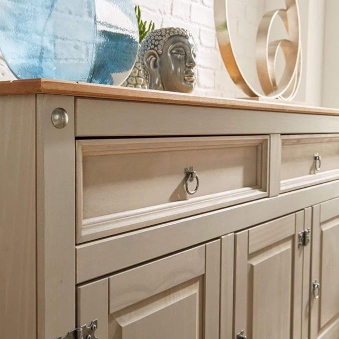 Grey Solid Pine Sideboard Cabinet with 3 Doors & 2 Drawers, Rustic Storage Unit