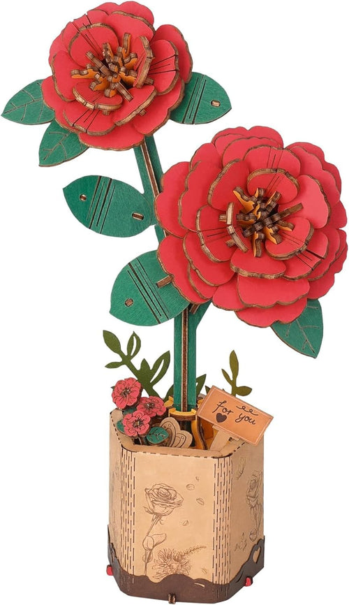 3D Wooden Flower Puzzle Kit Red Camellia – DIY Gift & Home Decor Craft
