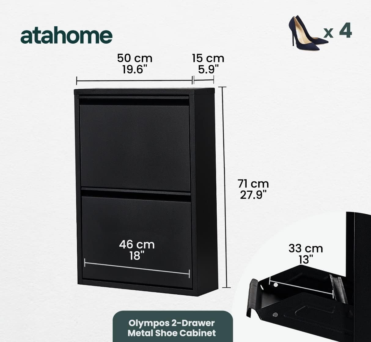 Slim Wall Mounted 2 Drawer Metal Shoe Cabinet Space Saving Organizer Black