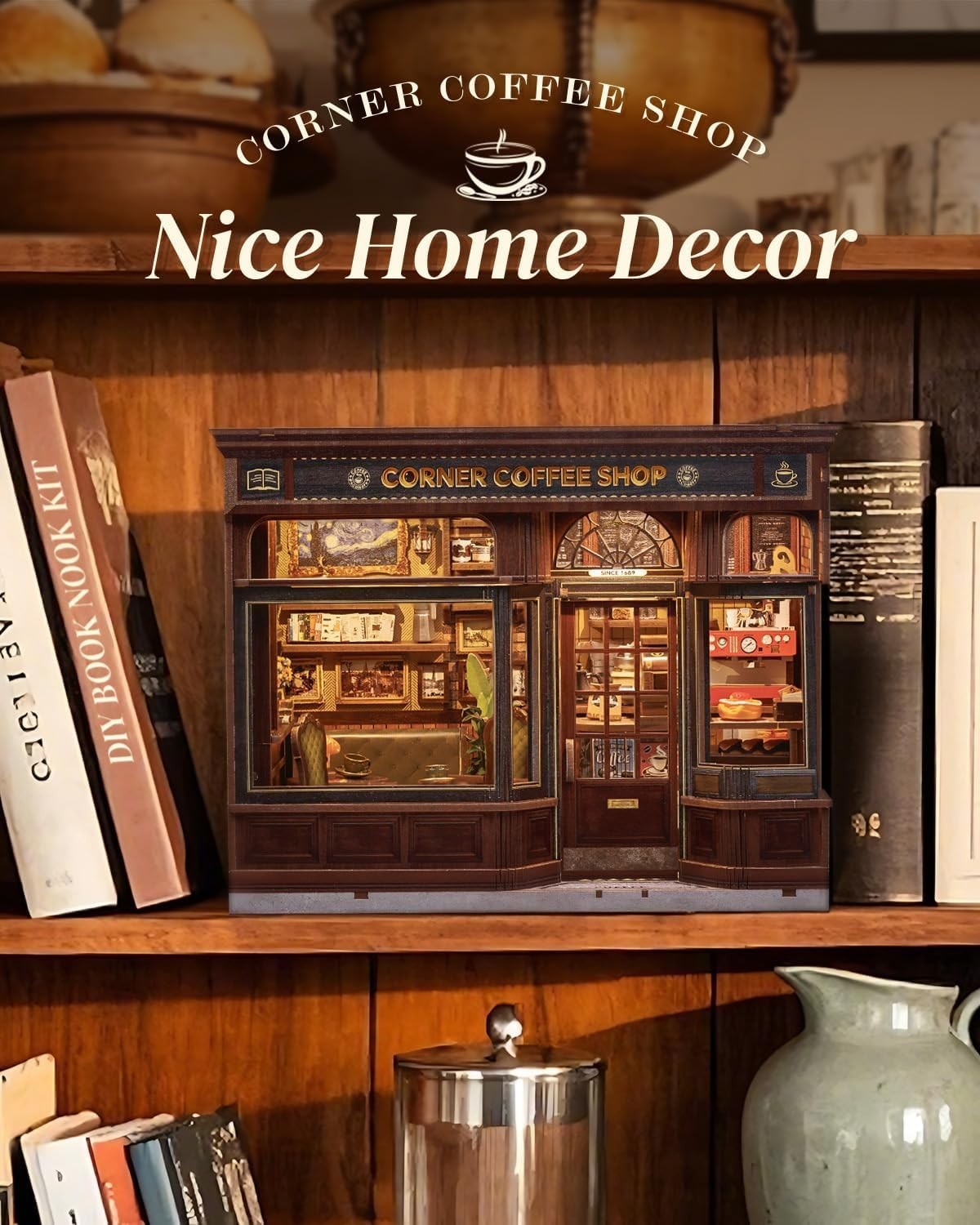 DIY Book Nook Coffee Shop Kit 3D Wooden Bookshelf Diorama LED Gift