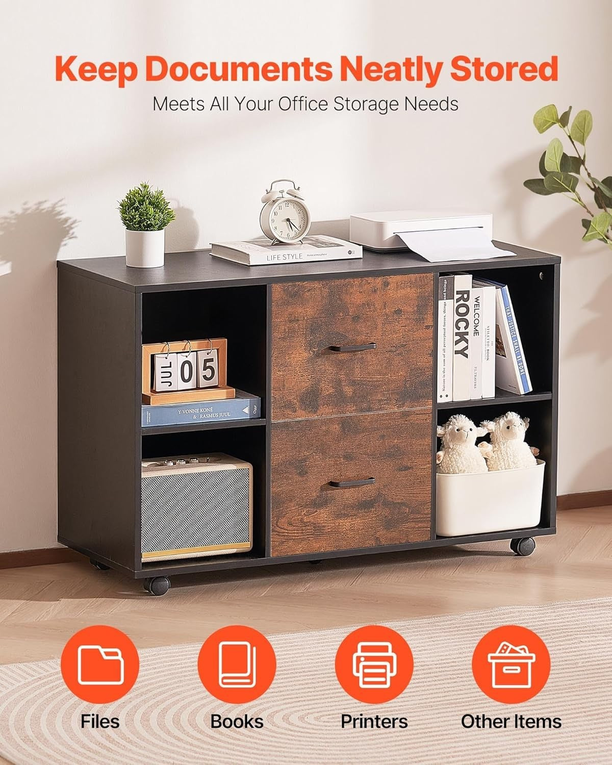 Mobile Wooden Filing Cabinet with Lockable Wheels & Storage Shelves