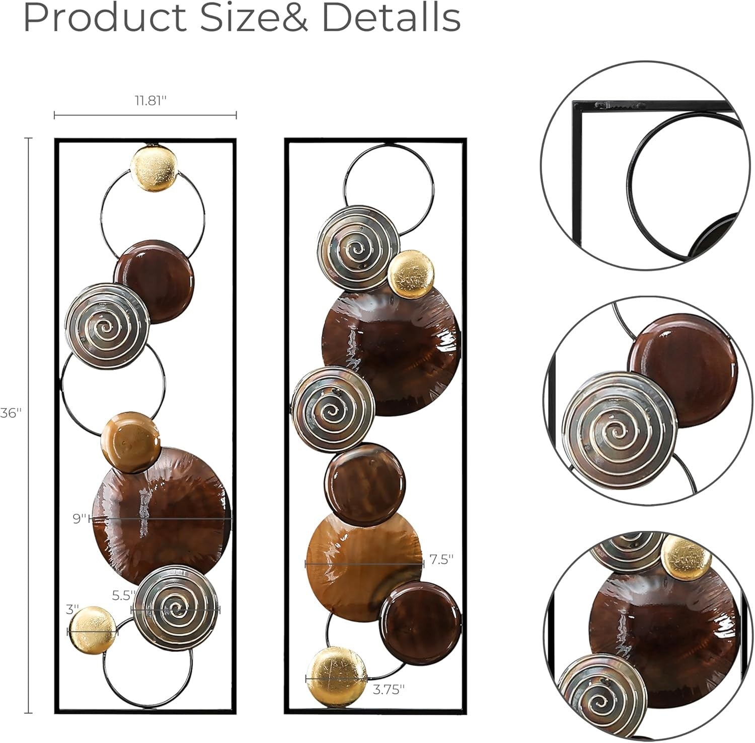 Large Metal Wall Art 2 Piece Abstract Brown 36 Inch Decor