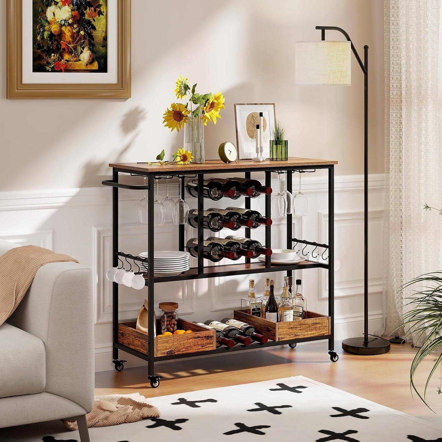3 Tier Rolling Bar Cart 9 Bottle Wine Rack Drinks Trolley