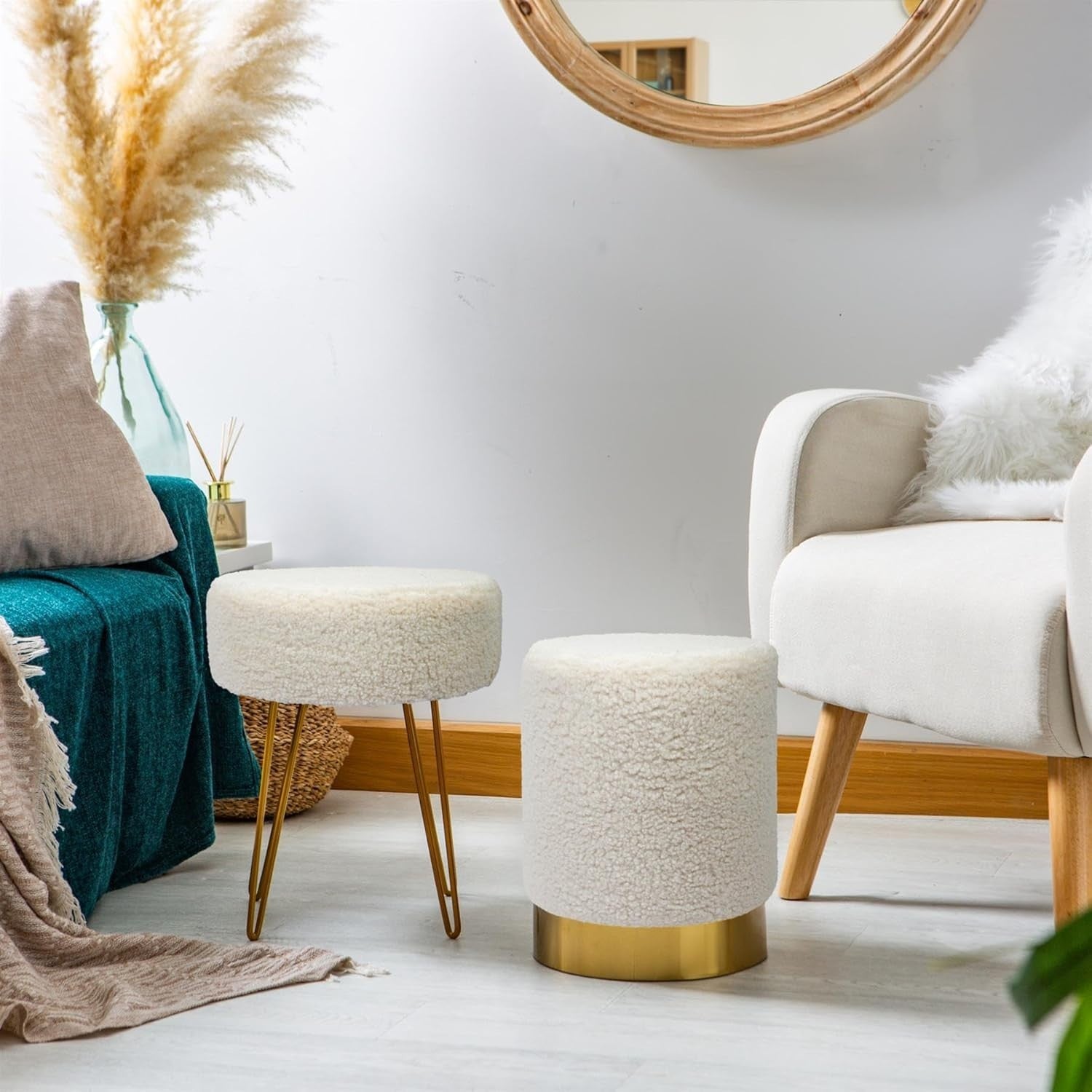 Set of 2 Yellow Bouclé Round Footstools Gold Base Modern Pouffe Seats