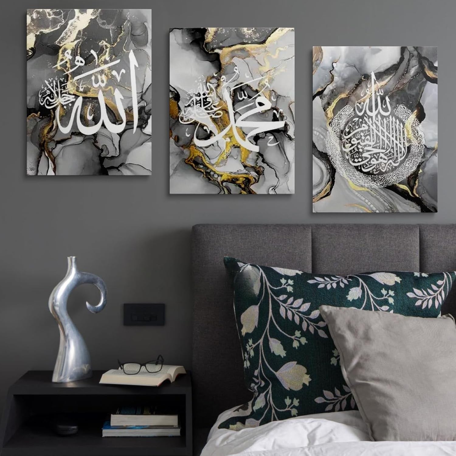 Islamic Wall Art Set of 3 Framed Canvas 30x40cm Grey Marble