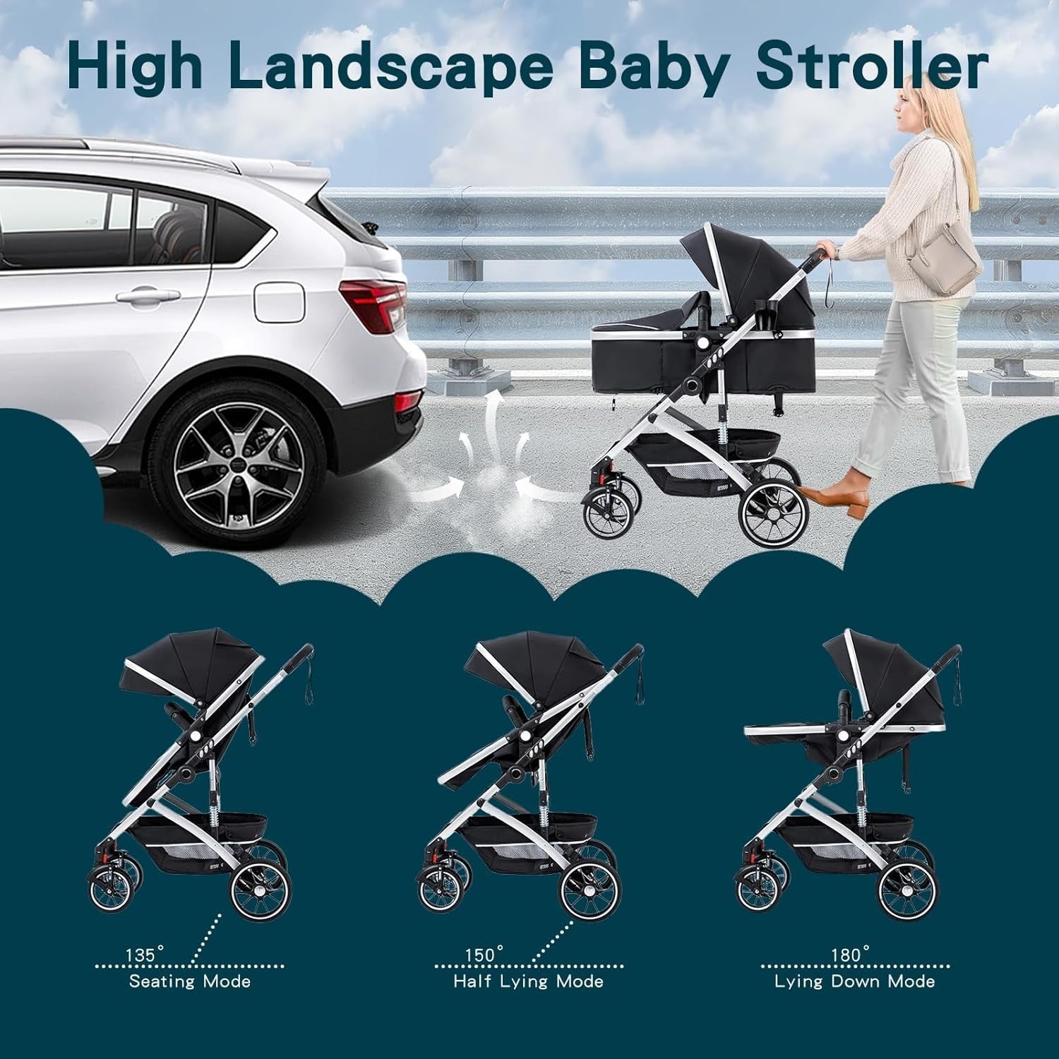 3-in-1 Baby Stroller Travel System Car Seat Pram Foldable Black