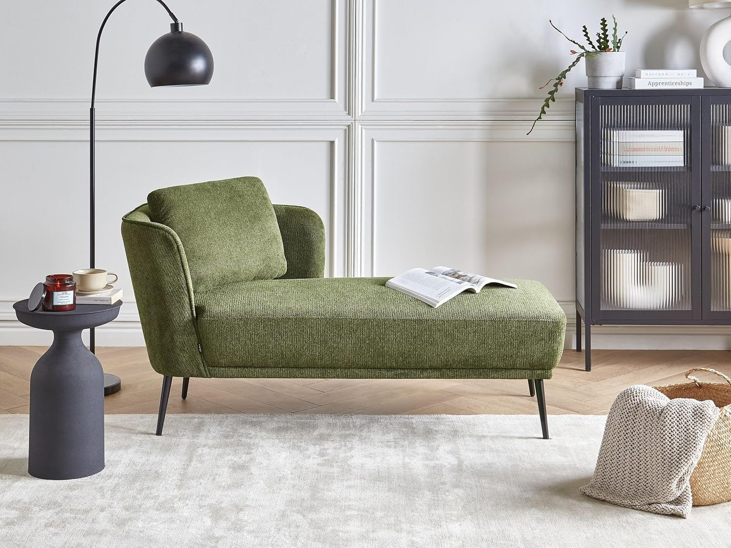 Retro Green Chaise Lounge Sofa Right Armrest Soft Fabric & Metal Legs