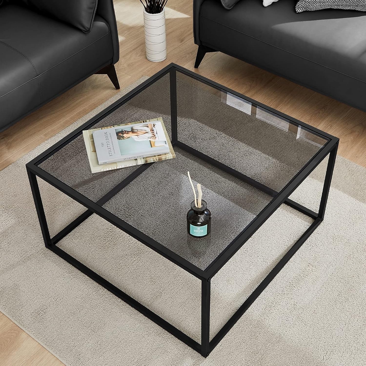 Modern Glass Coffee Table Grey – Small Square Center Table for Living Room
