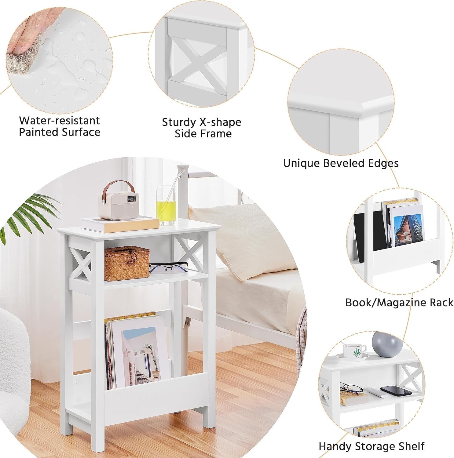 Set of 2 Slim Bedside Tables, 3-Tier X Shaped Narrow End Table for Small Spaces,