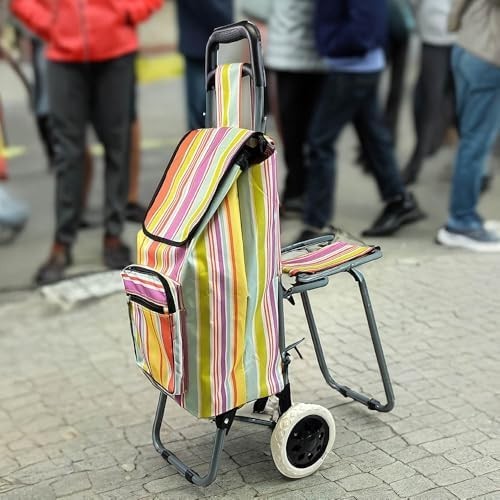 Foldable Leisure Shopping Trolley with Seat Large Capacity Easy-Roll Wheels