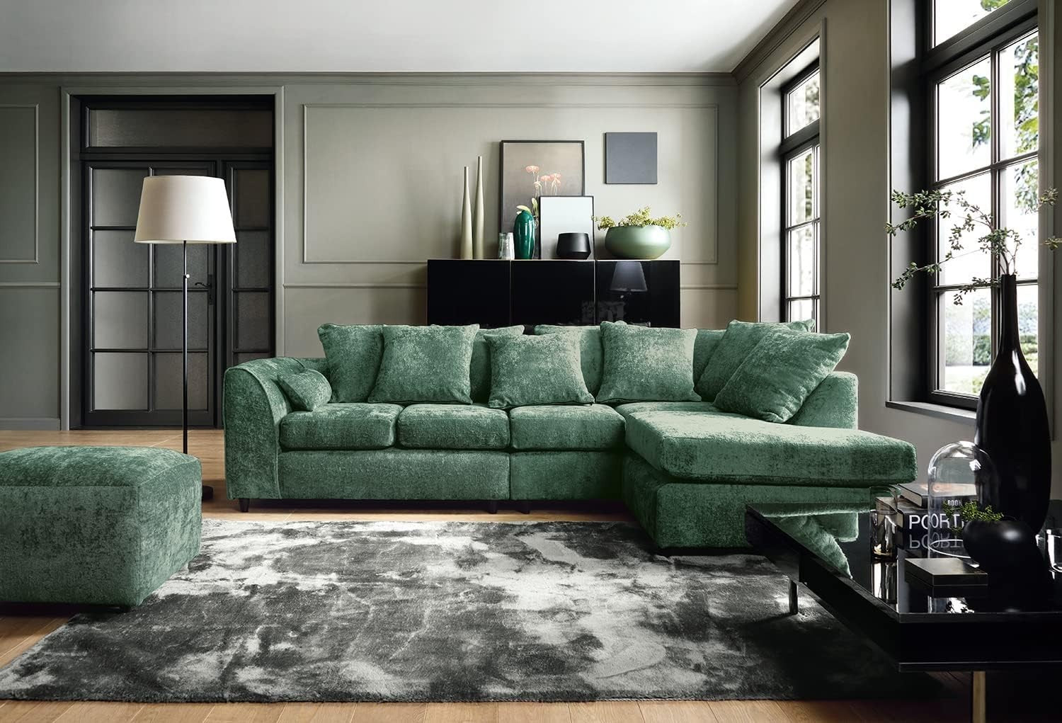 Large Green Chenille Corner Sofa – Right Hand L-Shaped Couch – 5 Seater
