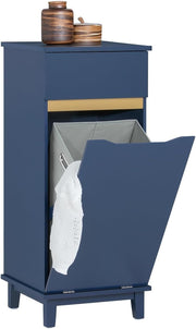 Slim Bathroom Laundry Cabinet with Fold Out Basket Drawer Storage Blue