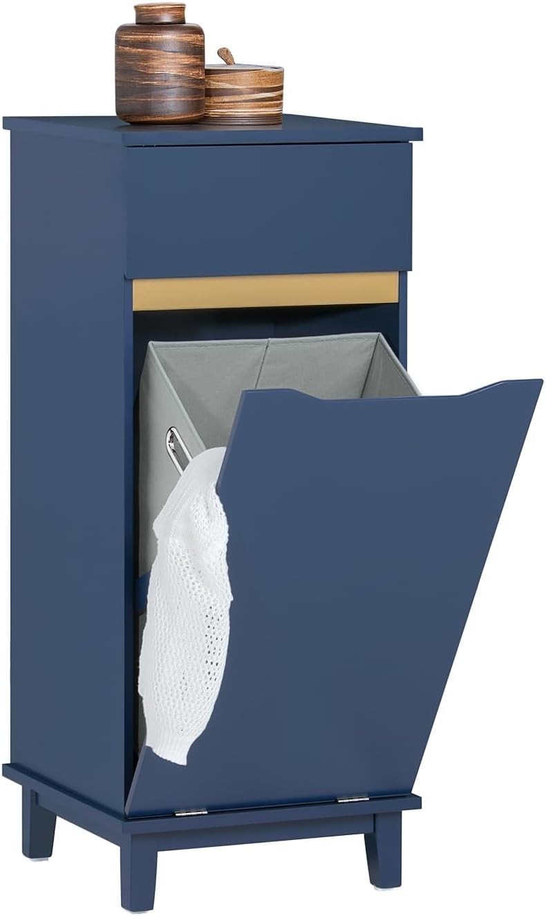 Slim Bathroom Laundry Cabinet with Fold Out Basket Drawer Storage Blue