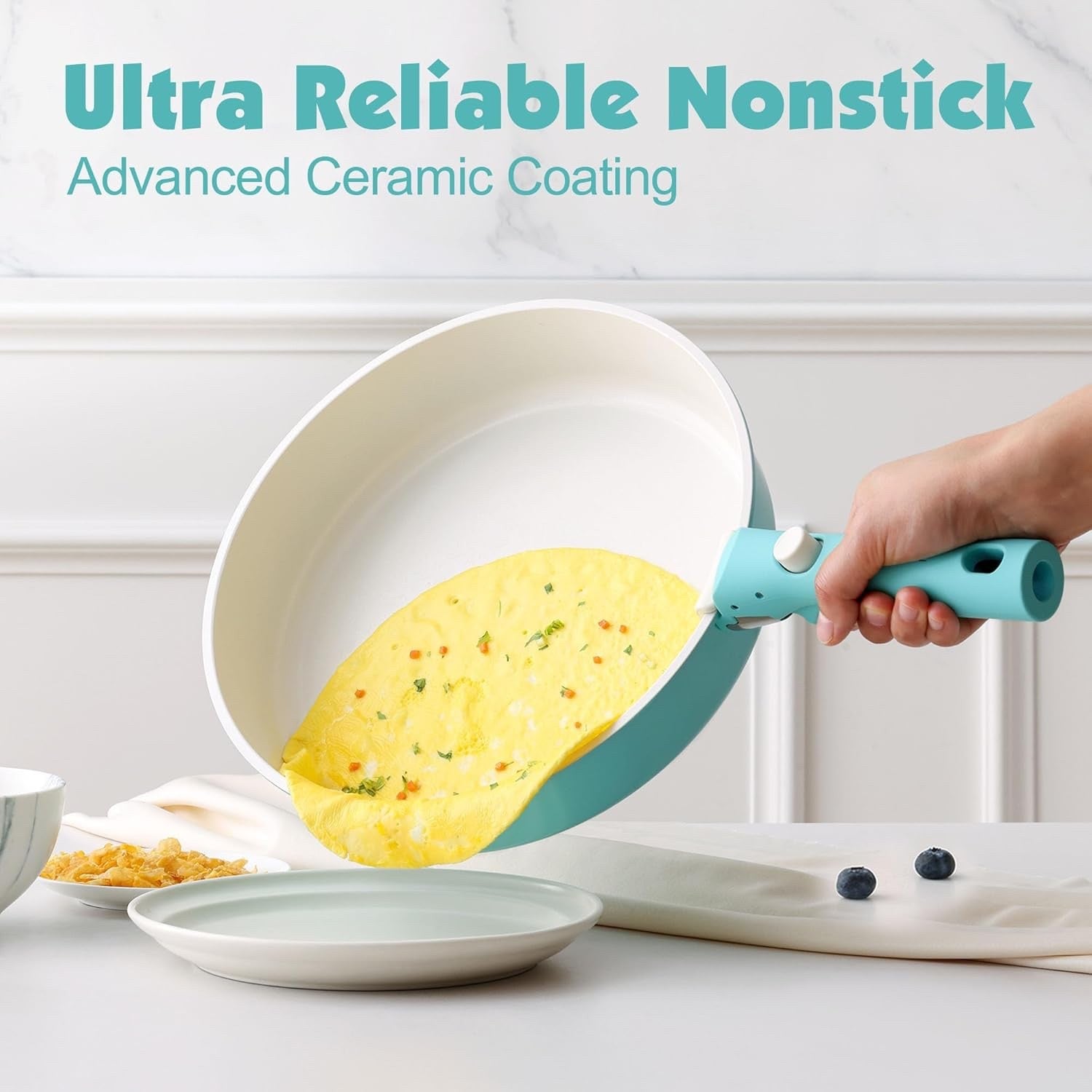 17pcs Turquoise Non Stick Cookware Set Detachable Handle Induction Oven Safe