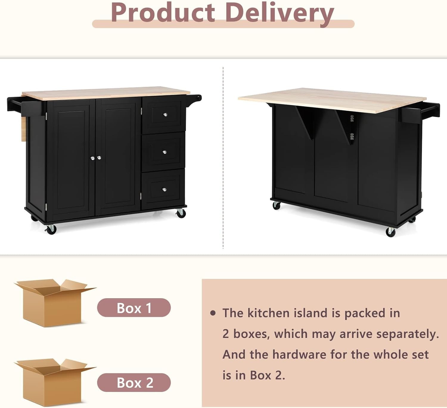 Large Kitchen Island Trolley Extendable Wood Storage Drawers Wheels
