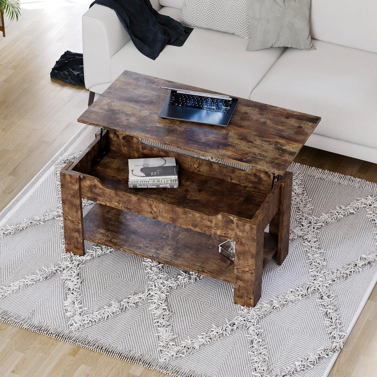 Lift Up Coffee Table with Hidden Storage & Shelf, Modern Dark Wood 100cm