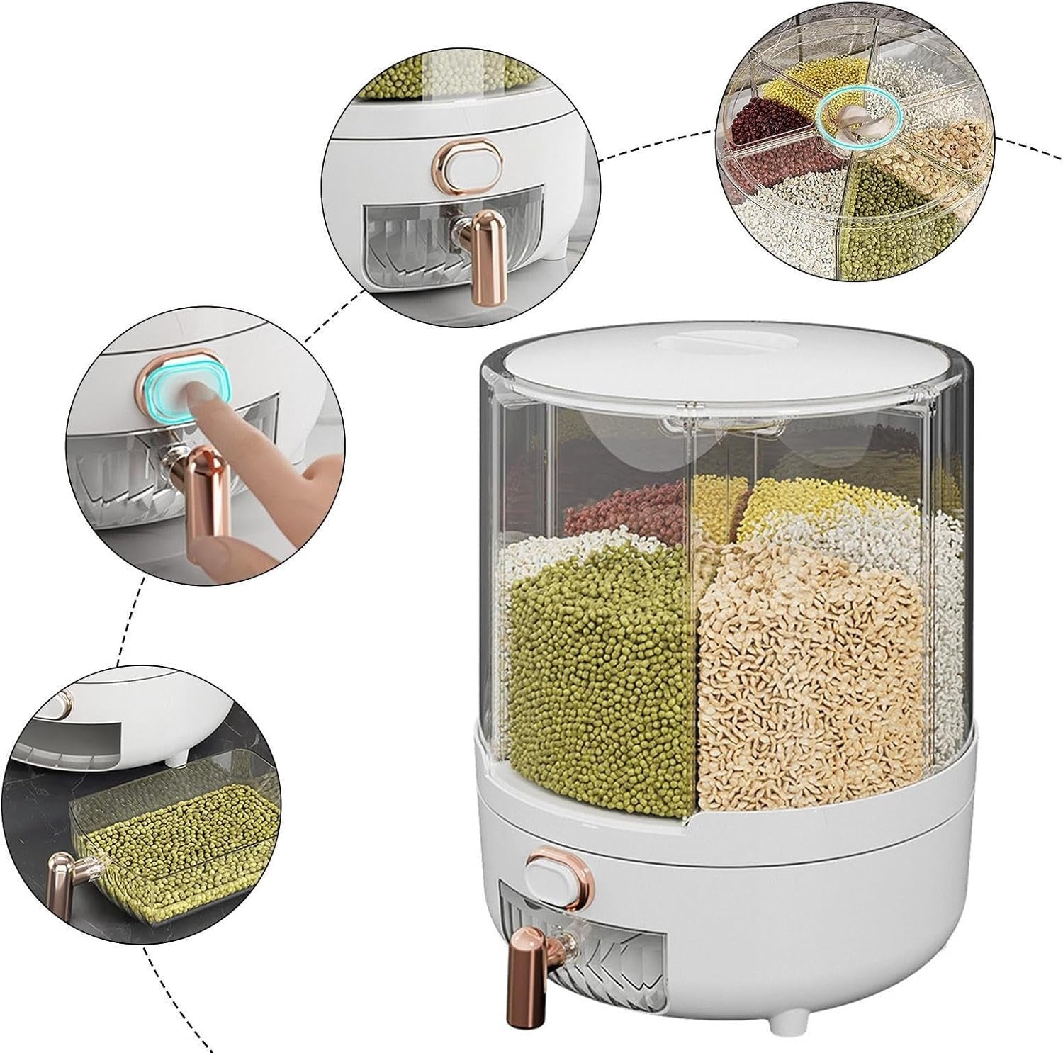 360° Rotating Grain Dispenser 6 Compartment Airtight Food Storage