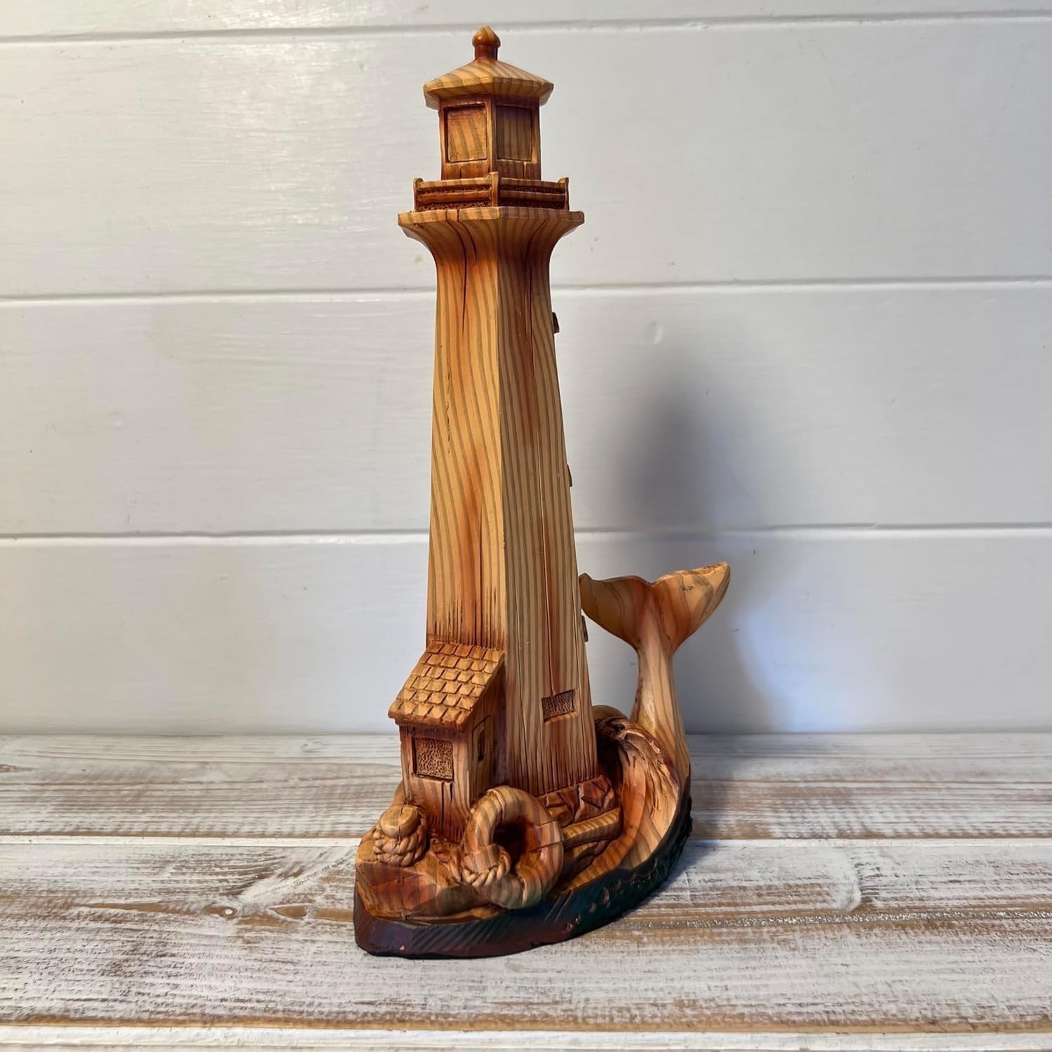 Wood-Effect Lighthouse Ornament 22cm | Nautical Decor Sculpture | Whale Tail