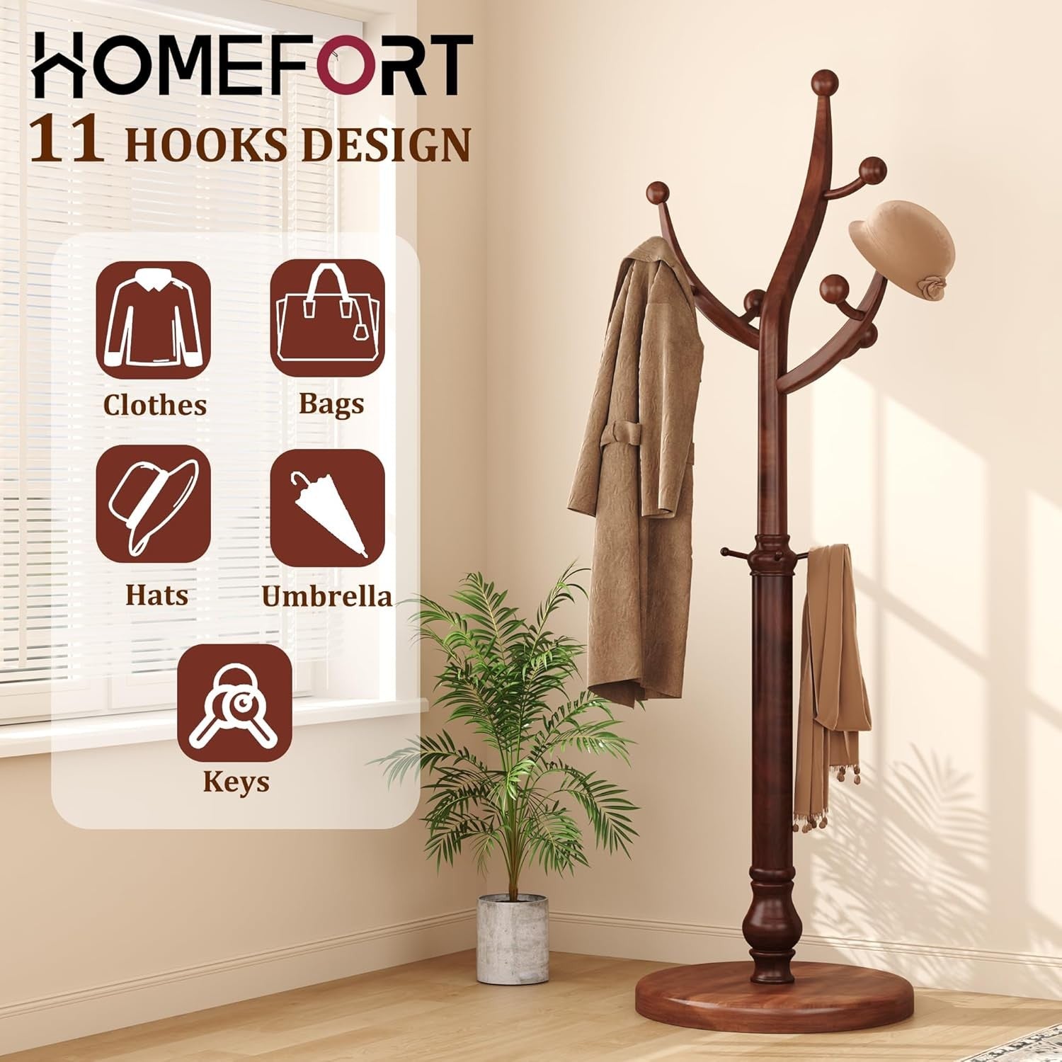 Walnut Wooden Coat Rack Stand 11 Hooks Freestanding Hall Tree with Round Base