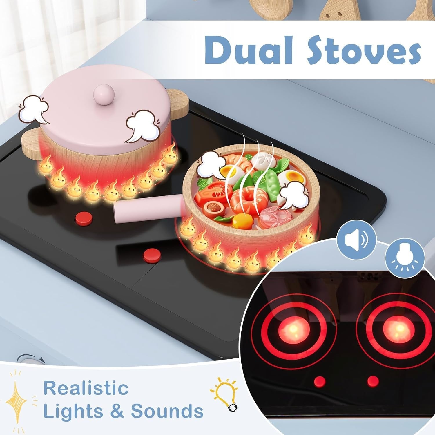 Wooden Kids Play Kitchen Blue Lights Sounds Oven Chef Toy Set