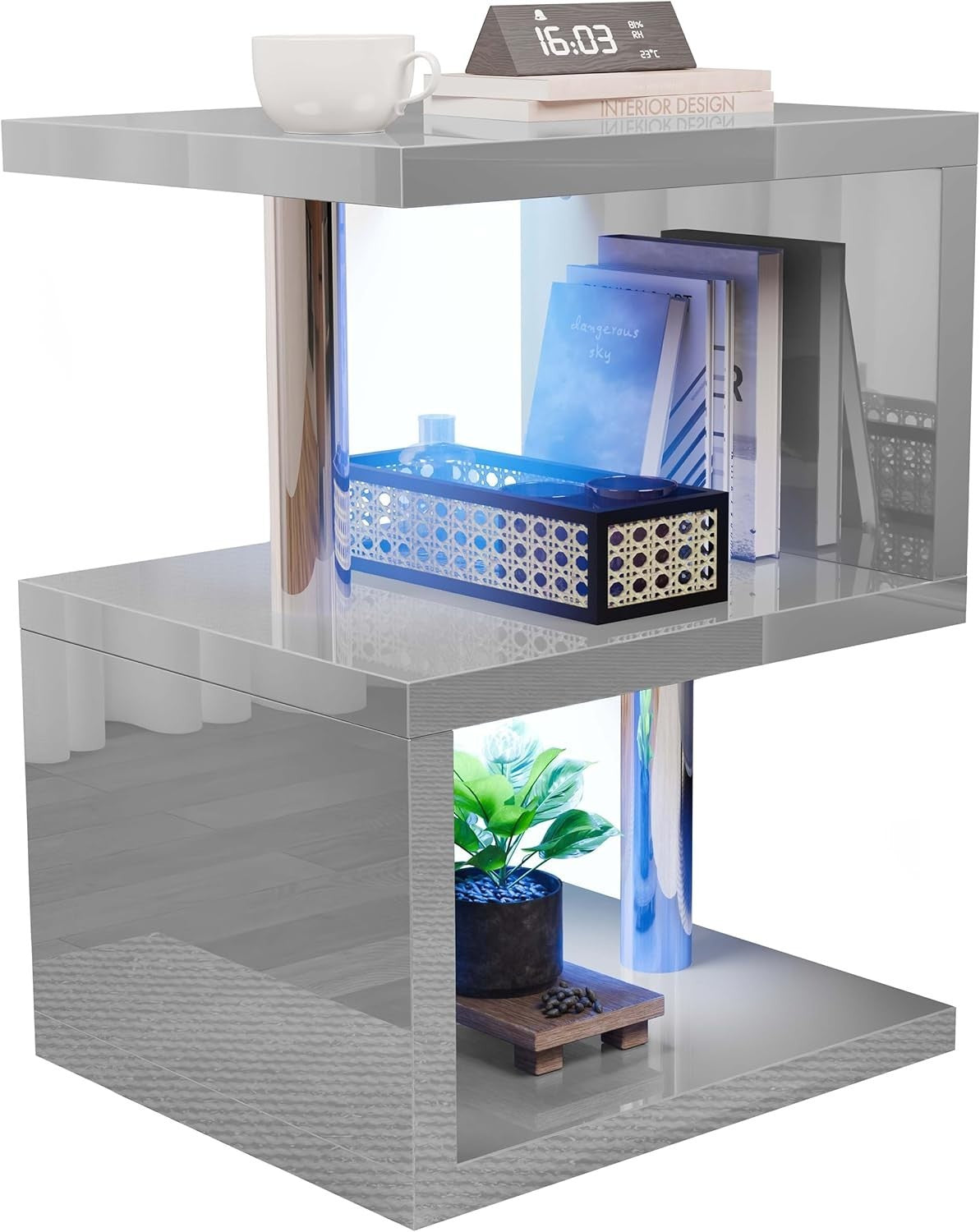 Grey Modern S-Shaped LED Side Table with RGB Lights & Storage Shelves 44x38x57cm