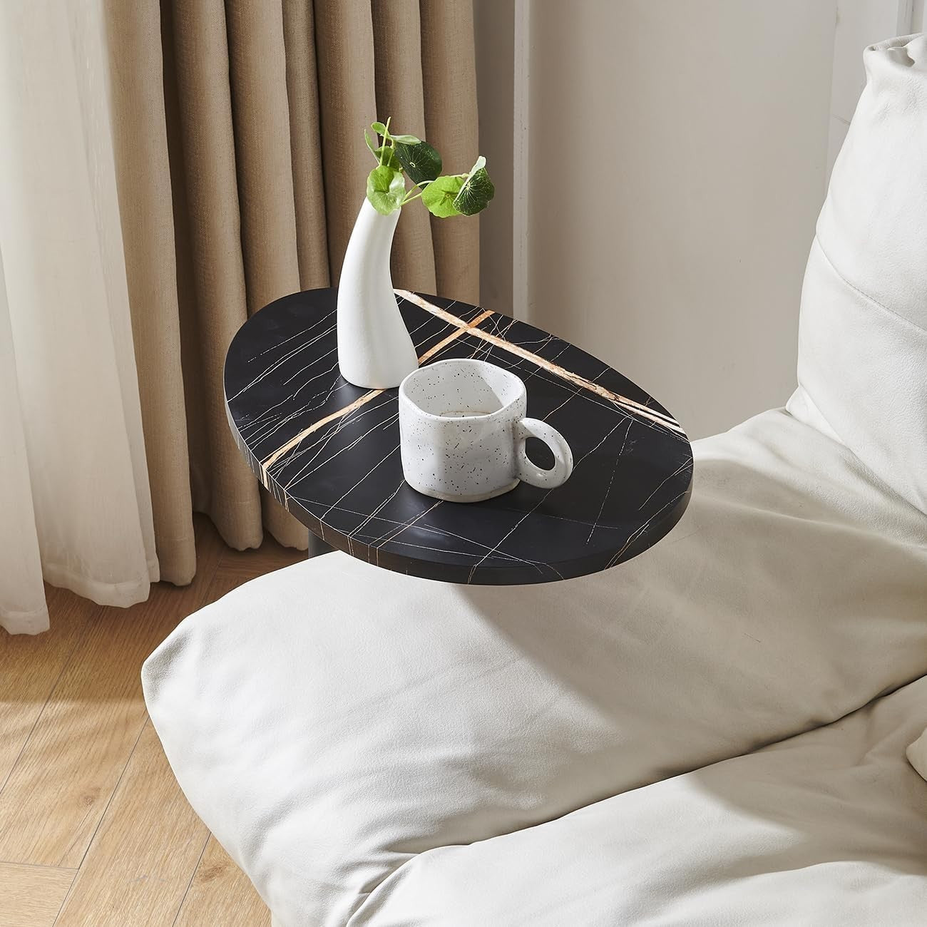 Water-Drop Black Marble C-Shaped Side Table Compact Sofa End Table with Storage