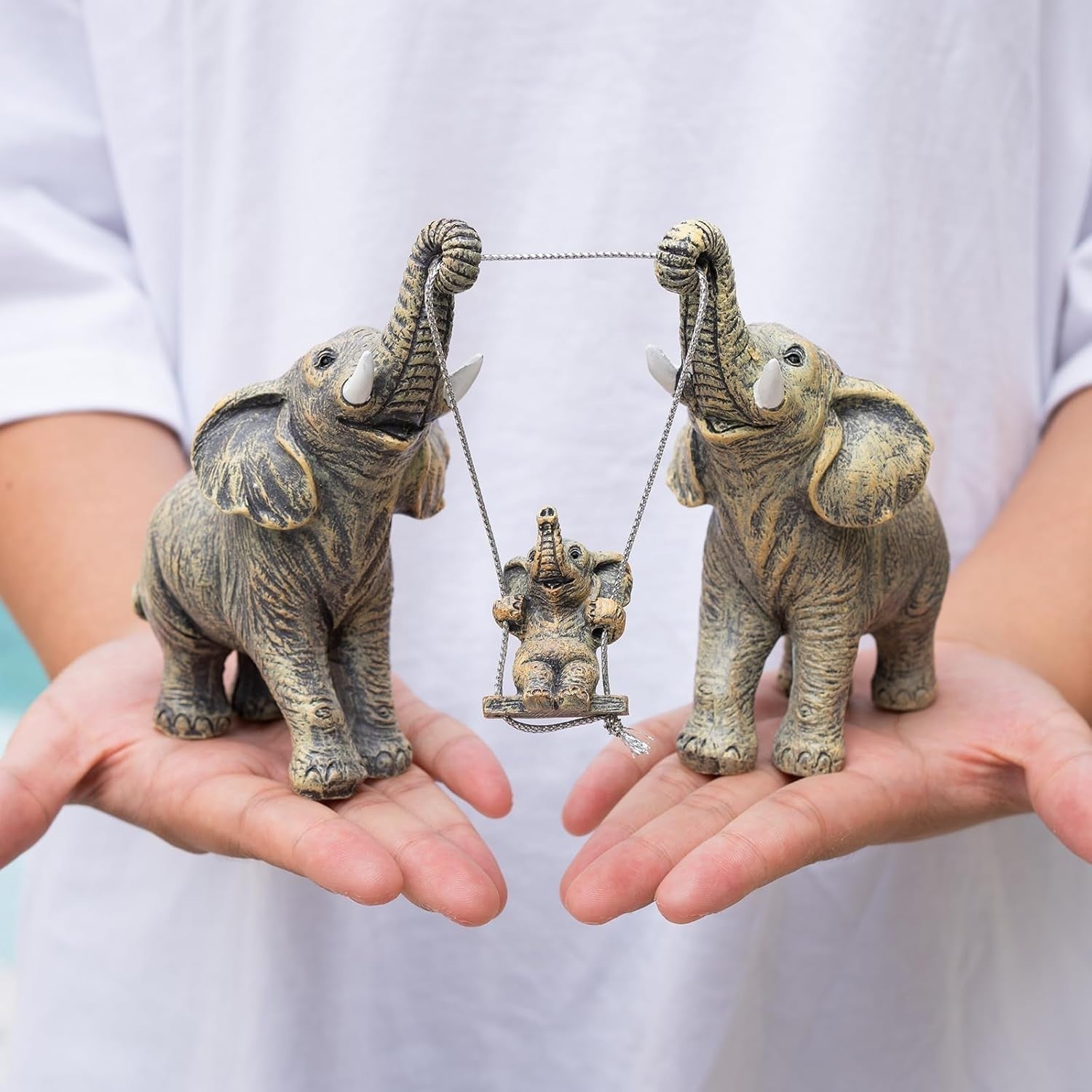 Beige Elephant Figurine Set Resin Good Luck Home Decor Table Centerpiece Gift